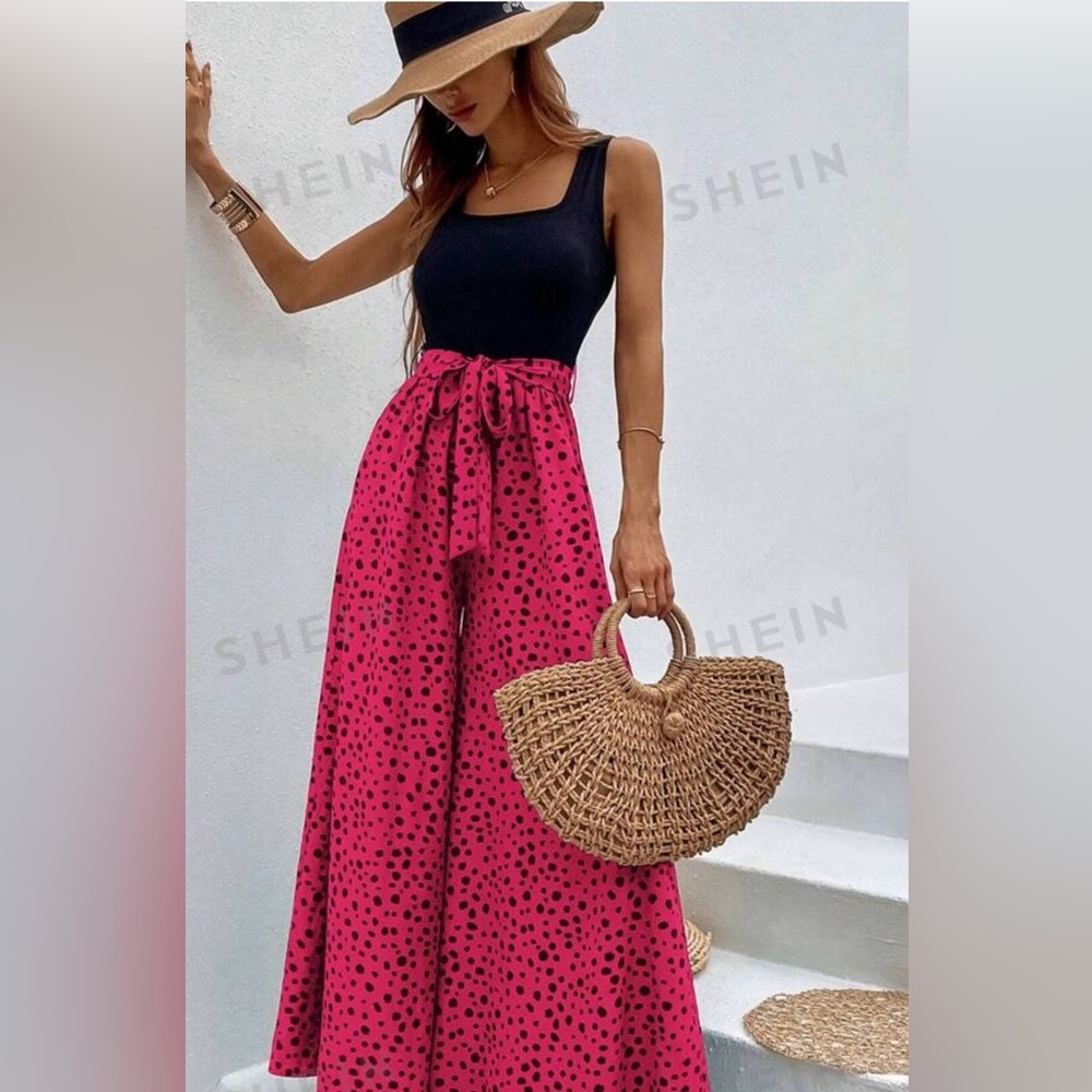 VCAY Dalmatian Print Wide Leg Belted Jumpsuit, Size Medium/6, Black&Pink. NWOT